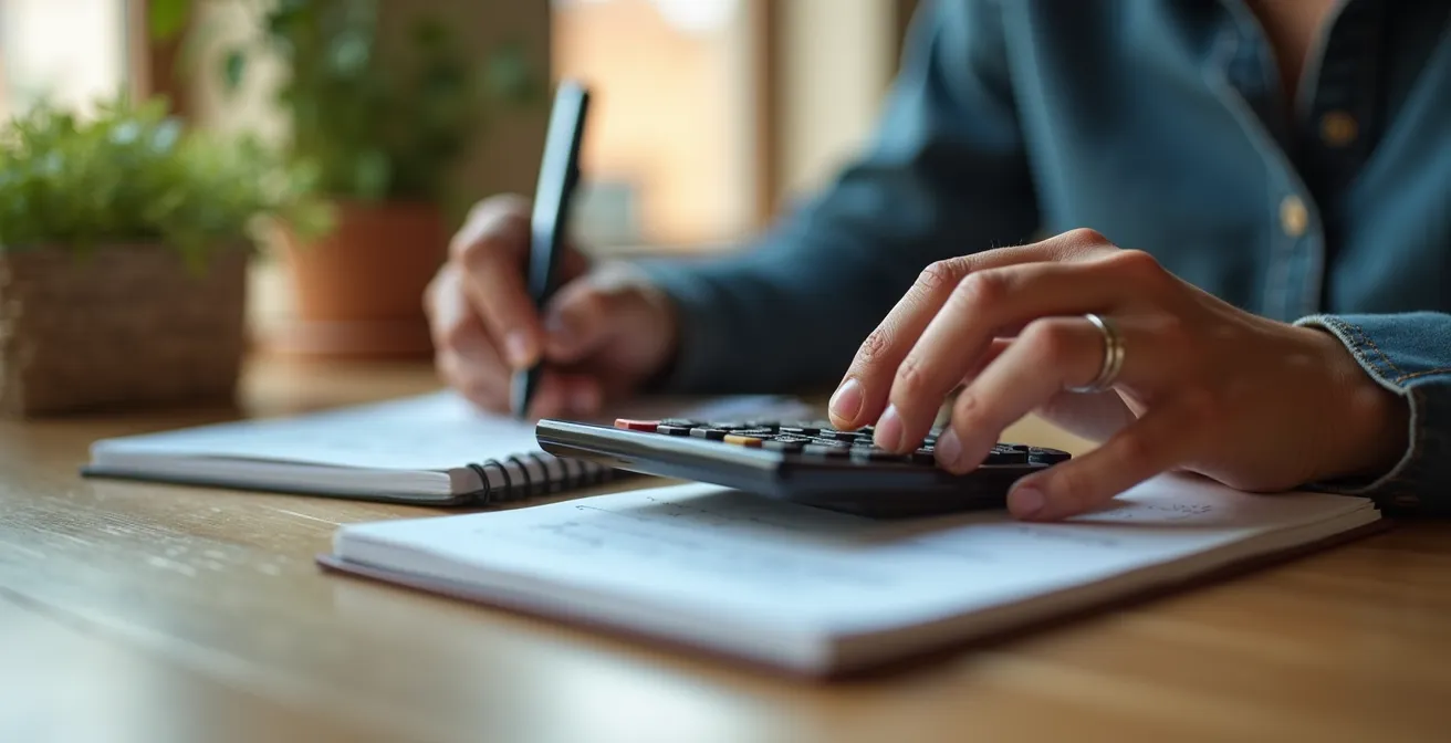 Main analysant des documents financiers avec calculatrice pour budget matériel de marché