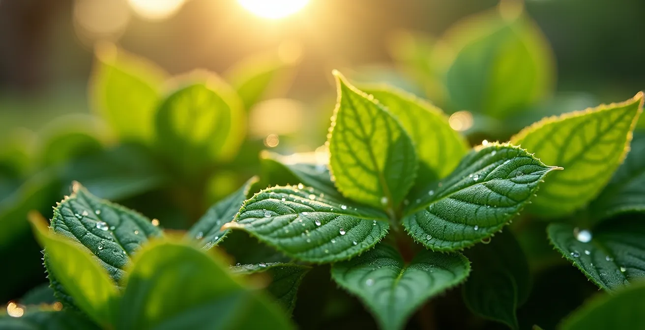 Détail macro de feuilles vertes avec gouttes de rosée sur un stand de marché