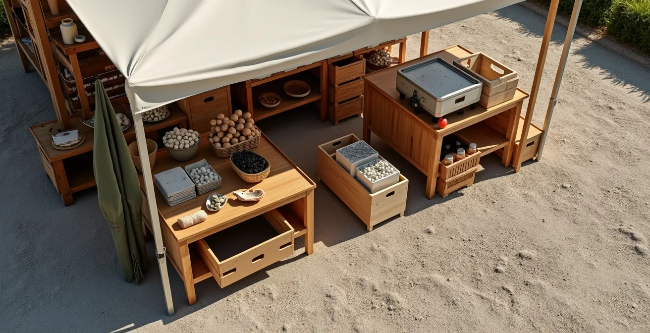 Vue en plongée de l'organisation spatiale d'un stand de marché avec zones fonctionnelles